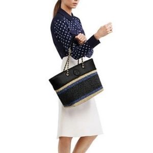 Tory Burch Marion Crochet Stripe Straw Tote